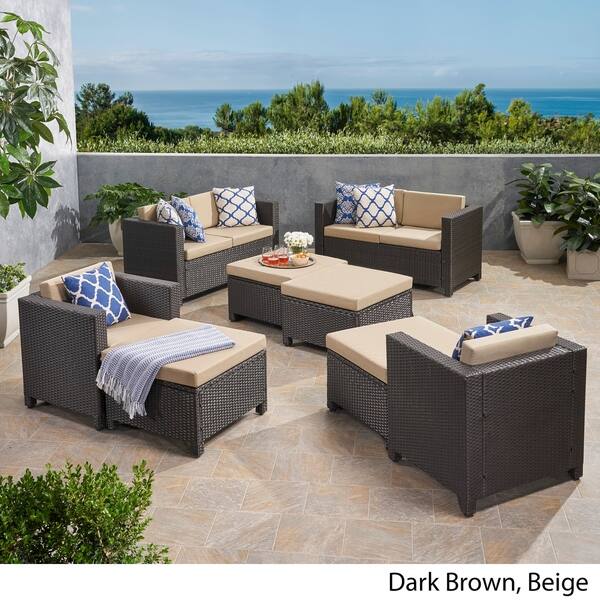 Puerta Outdoor 6 Seater Wicker Chat Set with Ottomans by Christopher