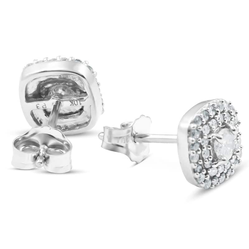 10k White Gold 1/2 Ct TDW Diamond Double Cushion Halo Studs Womens Earrings