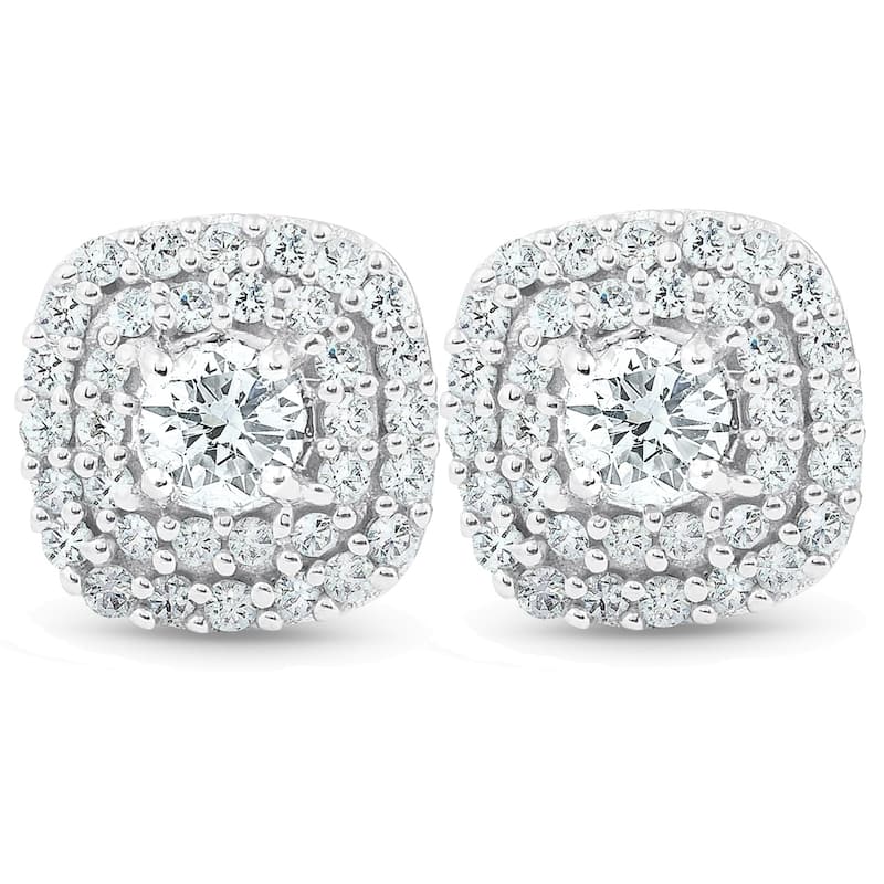 10k White Gold 1/2 Ct TDW Diamond Double Cushion Halo Studs Womens Earrings