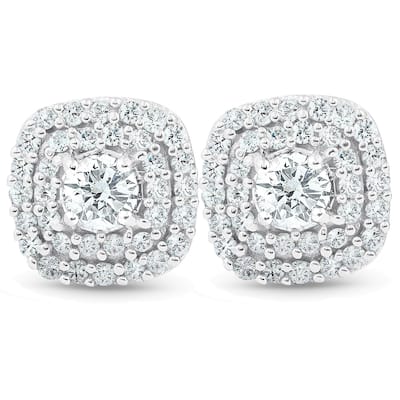 10k White Gold 1/2 Ct TDW Diamond Double Cushion Halo Studs Womens Earrings