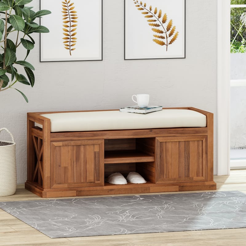 Cantebella Modern Acacia Wood Storage Bench with Cushion by Christopher Knight Home