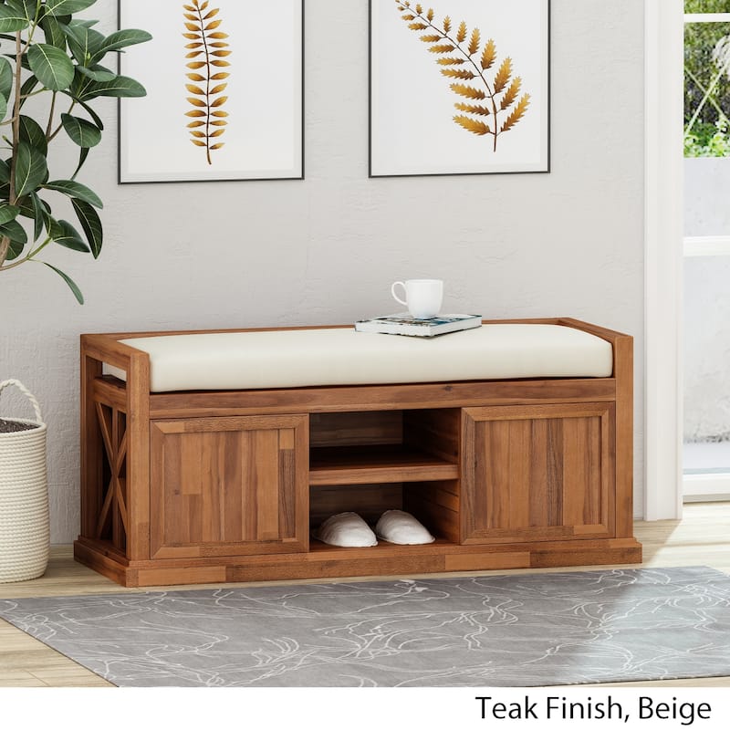 Cantebella Modern Acacia Wood Storage Bench with Cushion by Christopher Knight Home
