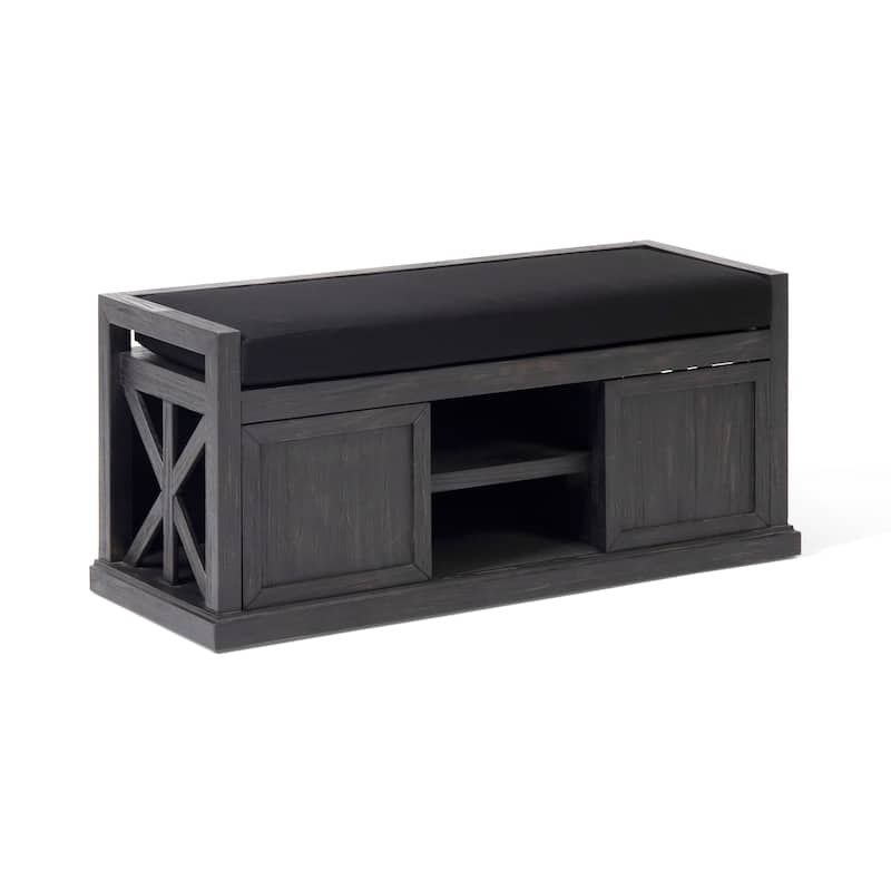 Cantebella Modern Acacia Wood Storage Bench with Cushion by Christopher Knight Home - Sandblast Dark Gray + Black Cushion