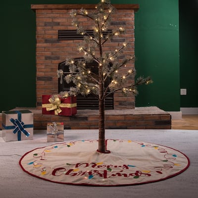 Glitzhome 48"D LED Embroidered Linen Christmas Tree Skirt
