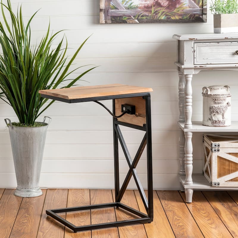 Bengal Manor Natural Acacia Wood Side Table with USB Power
