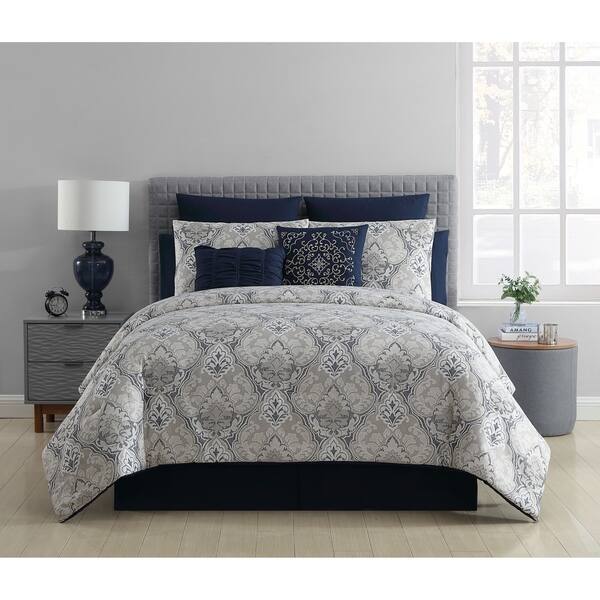 Shop Vcny Home Carter Jacquard Damask Navy 10 Piece Comforter Set