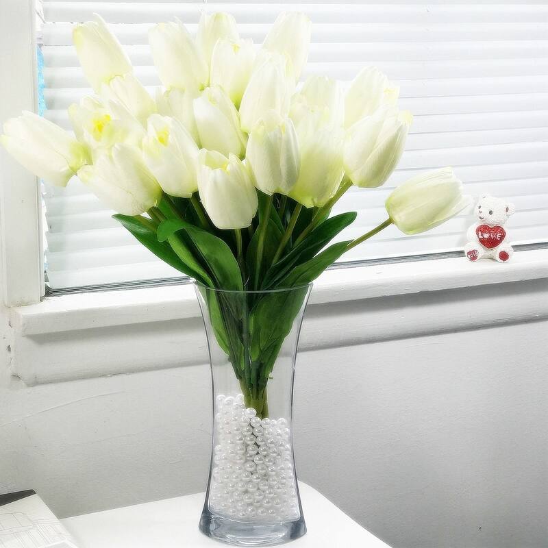 Enova Home Artificial 3 Pack Silk Tulips Fake Flowers Arrangement in Clear Glass Vase with Plastic Pearl for Home Wedding Decor - cream