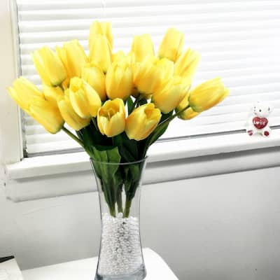 Enova Home Artificial 3 Pack Silk Tulips Fake Flowers Arrangement in Clear Glass Vase with Plastic Pearl for Home Wedding Decor