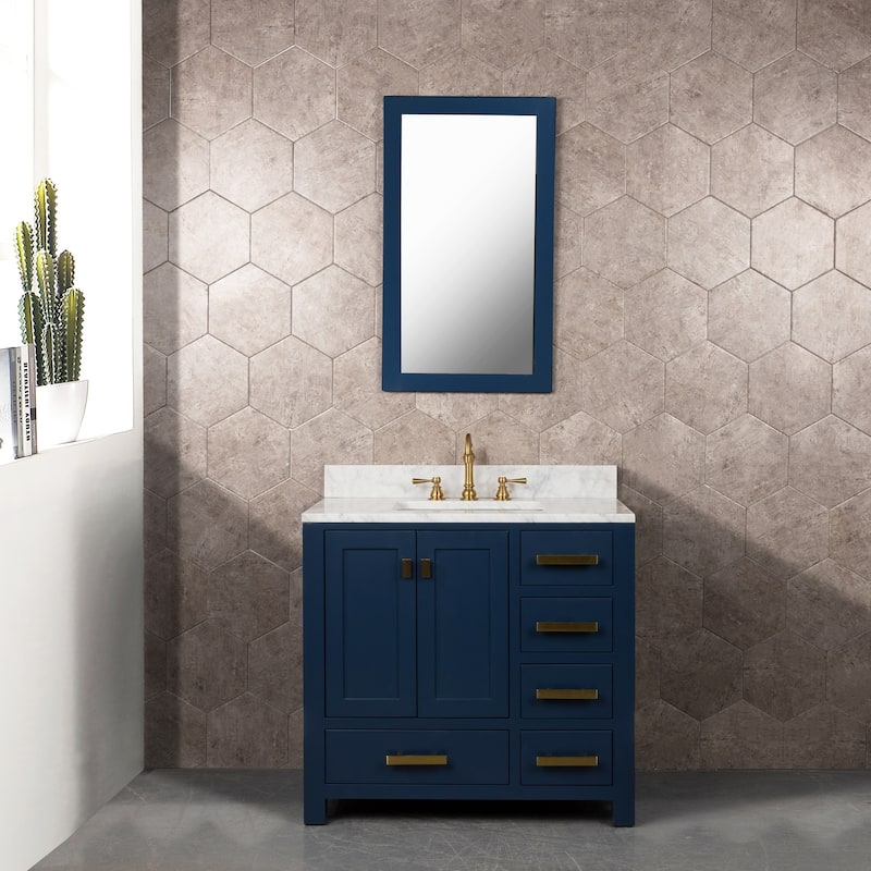 Madison 36-inch Blue Single Sink Carrara White Marble Vanity - Vanity with Mirror and F2-0012-06-TL Faucet - Assembly Required