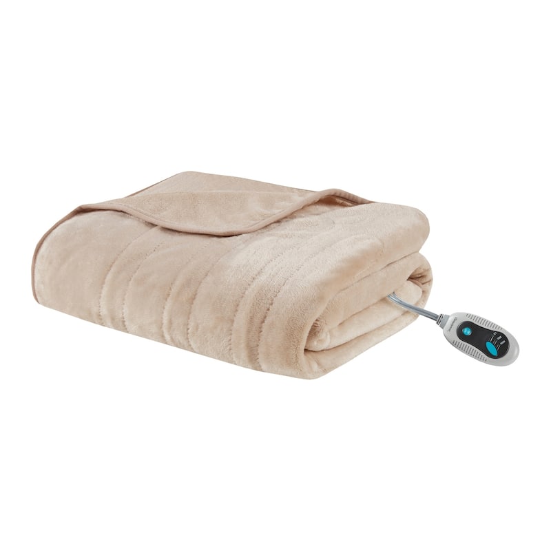 Beautyrest Plush Heated Throw with Foot Pocket - Tan