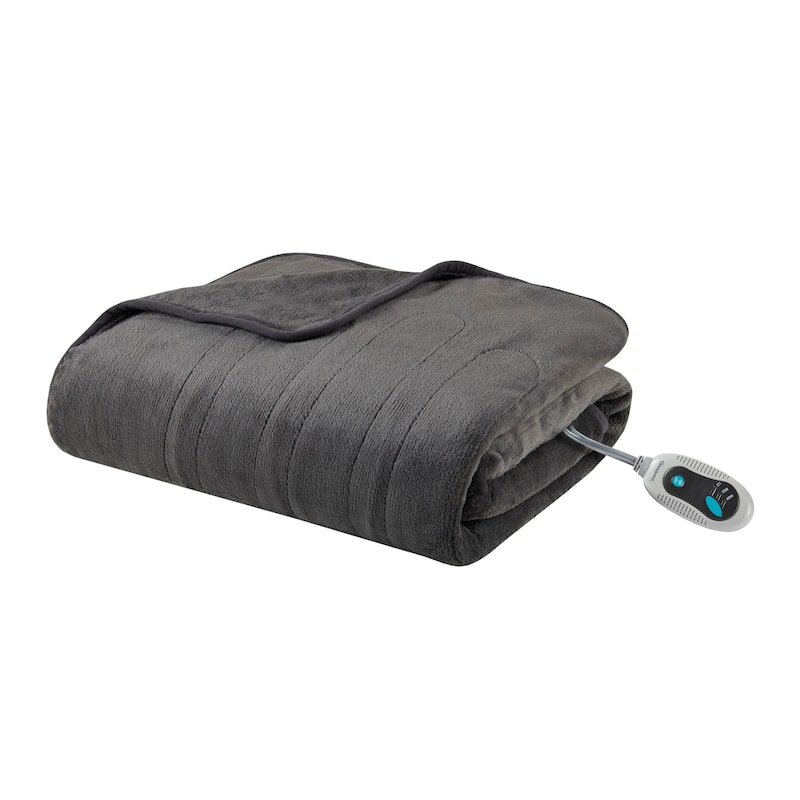 Beautyrest Plush Heated Throw with Foot Pocket - Gray