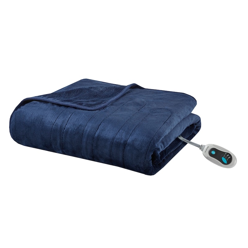 Beautyrest Plush Heated Throw with Foot Pocket - Indigo Blue