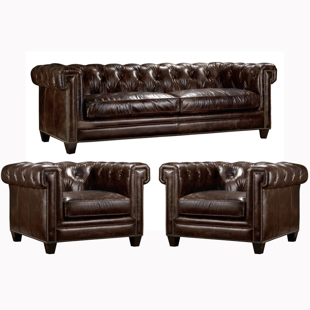 Orlando Tufted Brown Top Grain Leather Chesterfield Sofa and Two Chairs Set