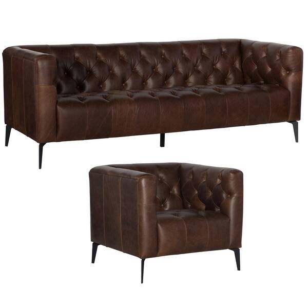 Shop Wildon Distressed Brown Tufted Leather Chesterfield Sofa And