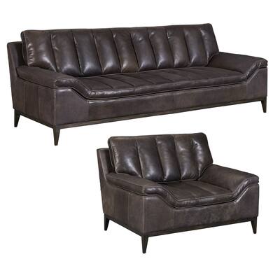 Alcott Distressed Black Top Grain Leather Sofa and Chair Set