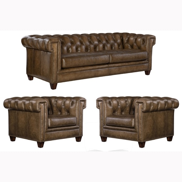 Lesa Tufted Brown Top Grain Leather Chesterfield Sofa and Two Chairs