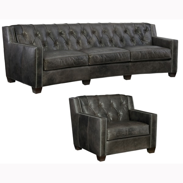 Levinson Tufted Grey Top Grain Leather Chesterfield Sofa And Chair