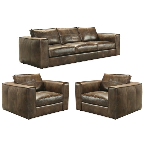 Orren Distressed Brown Top Grain Leather Sofa and Two Chairs