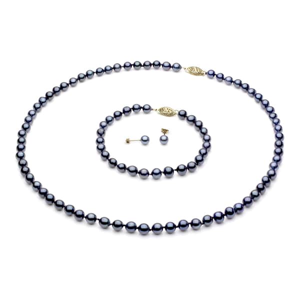 DaVonna 14k Gold 6-7 mm Freshwater Pearl Necklace Bracelet and Earring Set (Case of 3) - Black