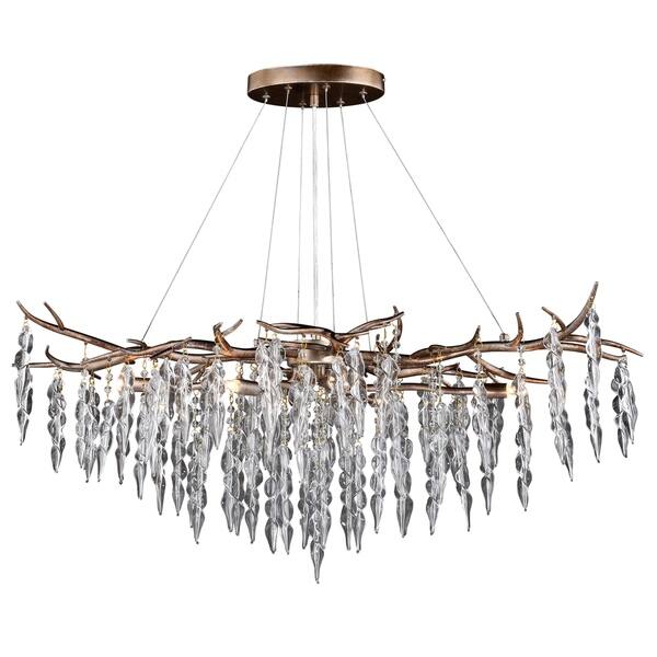 slide 1 of 3, Rainier 6L Silver Linear Crystal Waterfall Linear Chandelier Island Pendant Light Fixture - 40-in W x 19-in H x 24-in D