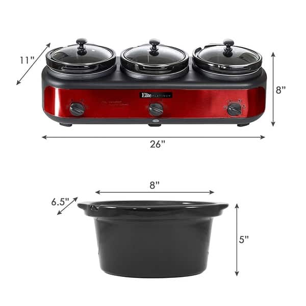 Elite EWMST325R 2.5Qt. Triple Slow Cooker Buffet with Lid Rest, Red