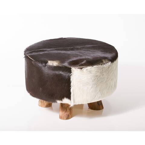 Bare Decor Cassidy Round Leather, Genuine Hide Ottoman in Black and White