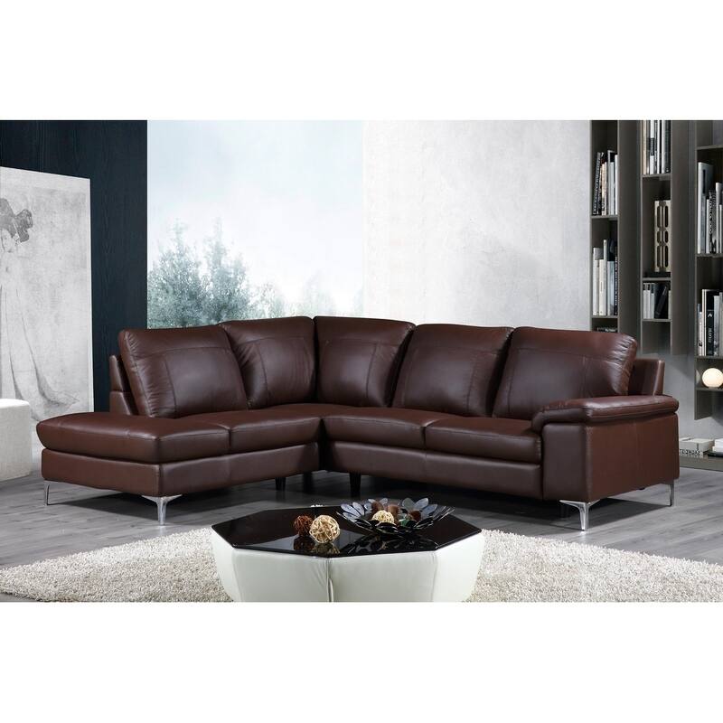 Cortesi Home Contemporary Dallas Genuine Leather Sectional Sofa with Left Side Facing Chaise Lounge, Brown 80"x98"