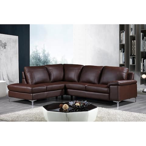 Cortesi Home Contemporary Dallas Genuine Leather Sectional Sofa with Left Side Facing Chaise Lounge, Brown 80"x98"