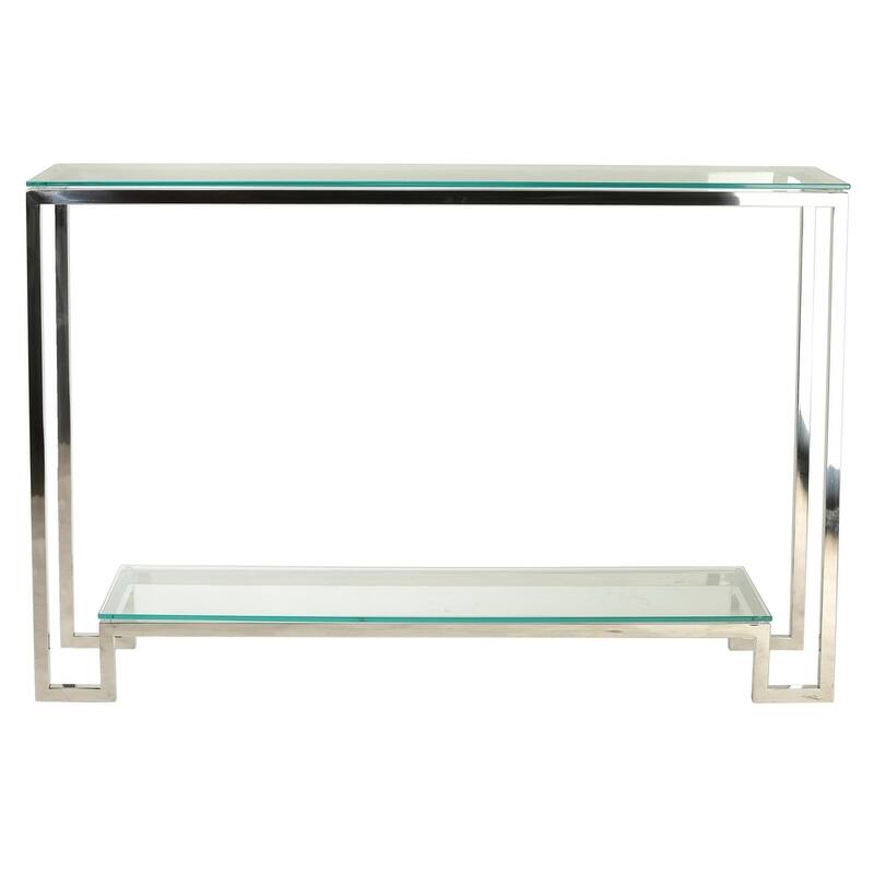 Cortesi Home Reef Contemporary 2 Shelf Glass Console Table in Stainless Steel Finish, Clear Glass