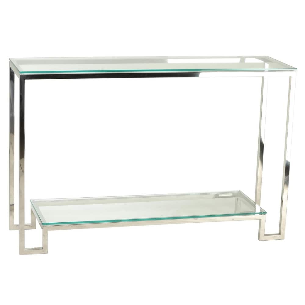 Cortesi Home Reef Contemporary 2 Shelf Glass Console Table in Stainless Steel Finish, Clear Glass