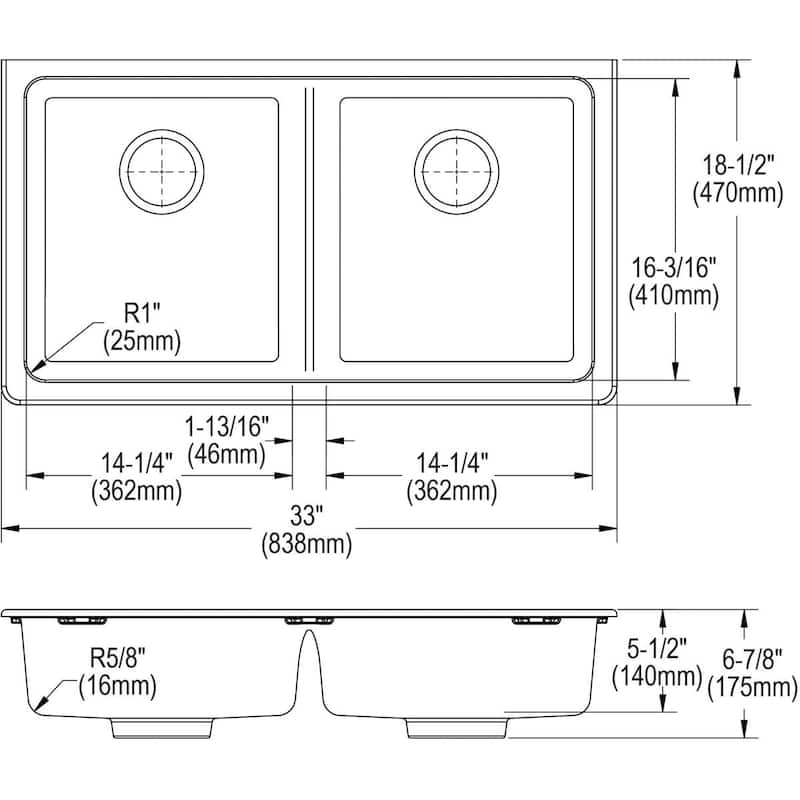 Elkay Quartz Classic 33" x 18-1/2" x 5-1/2", Double Bowl Undermount ADA Sink with Perfect Drain