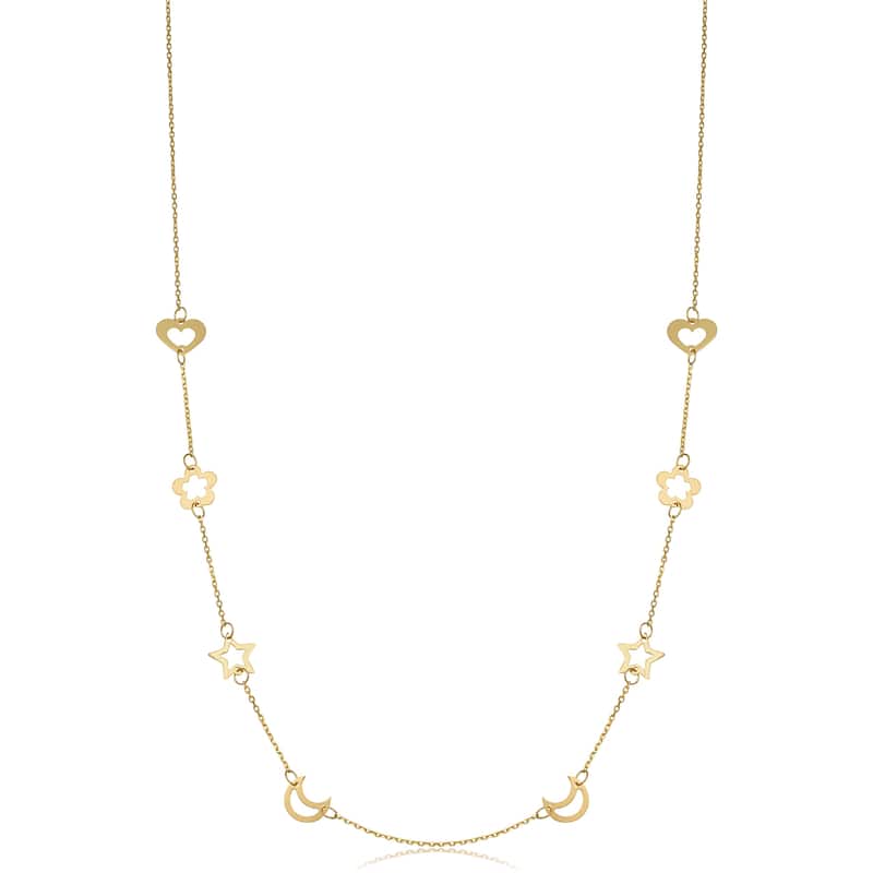 14k Yellow Gold Heart Flower Star Moon Station Necklace (26 inches)