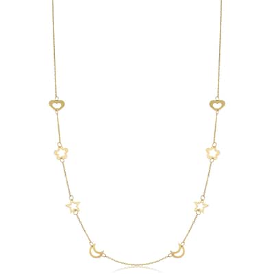 14k Yellow Gold Heart Flower Star Moon Station Necklace (26 inches)