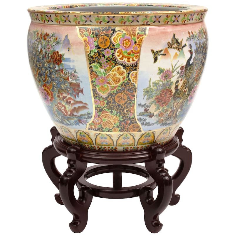 14" Satsuma Garden & Peacock Porcelain Fishbowl