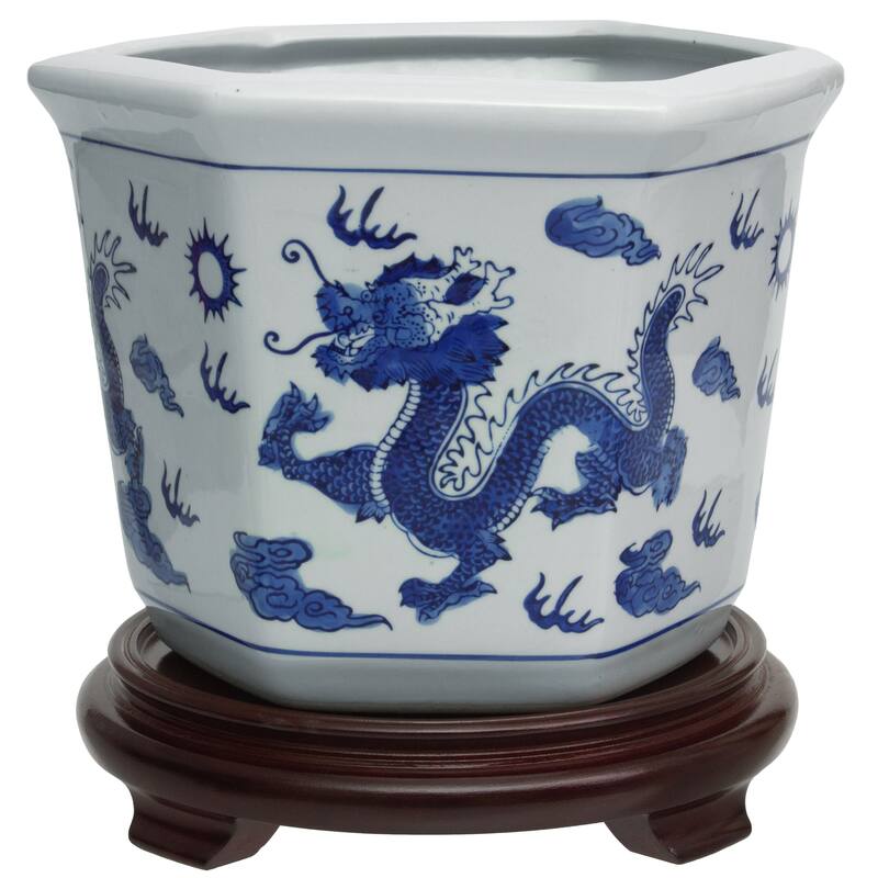 10" Dragon Blue & White Porcelain Flower Pot