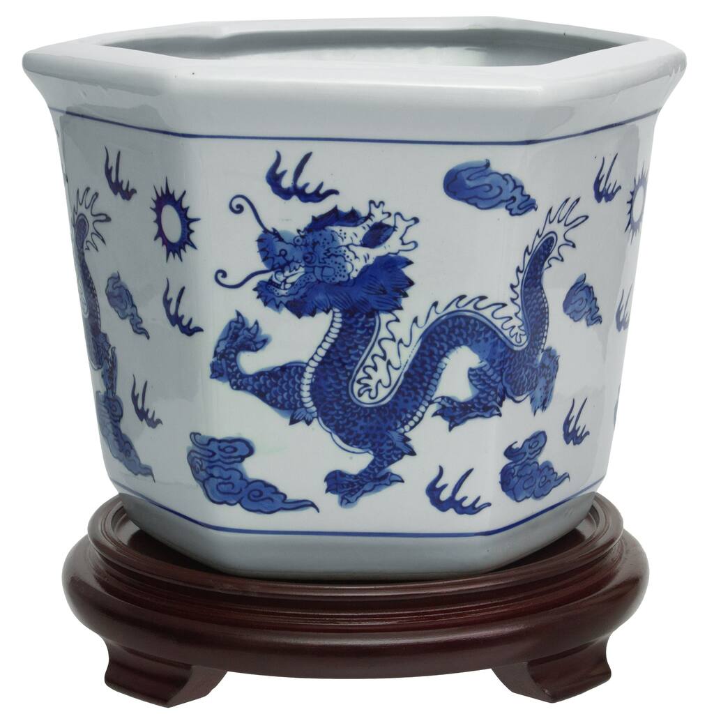 10" Dragon Blue & White Porcelain Flower Pot