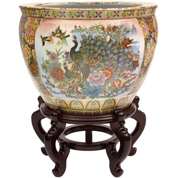Handmade 18" Satsuma Garden and Peacock Porcelain Fishbowl. Opens flyout.