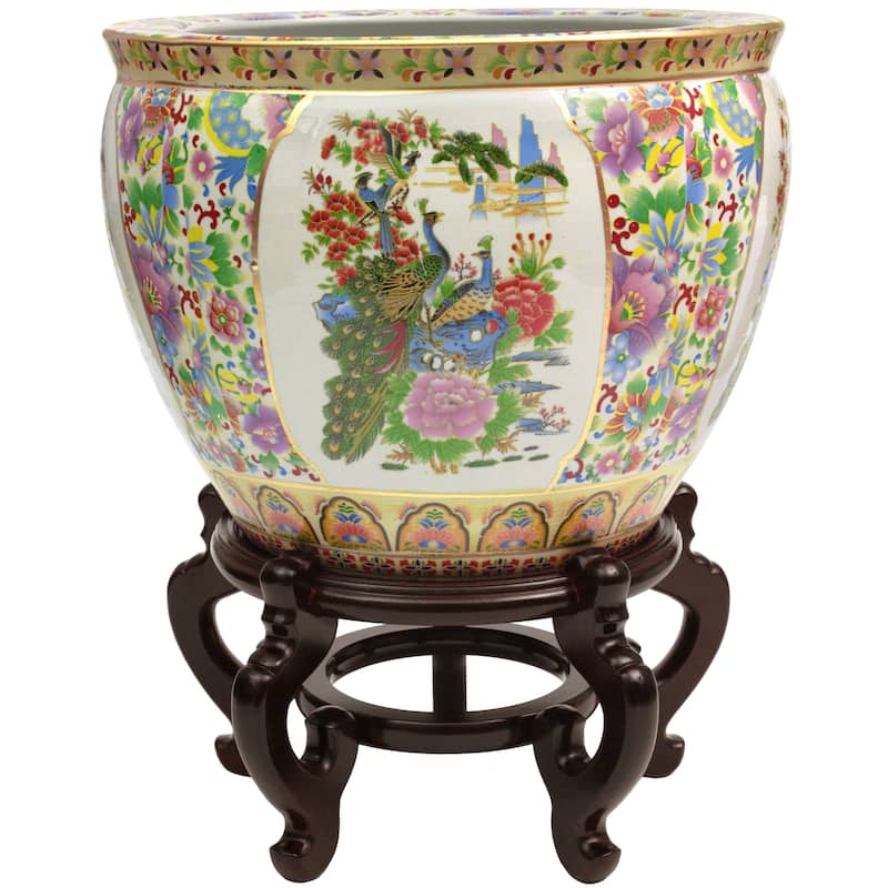 Handmade 14" Satsuma Birds and Flowers Porcelain Fishbowl
