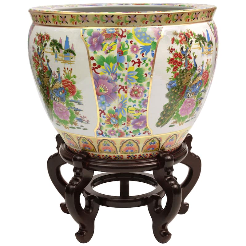 Handmade 14" Satsuma Birds and Flowers Porcelain Fishbowl