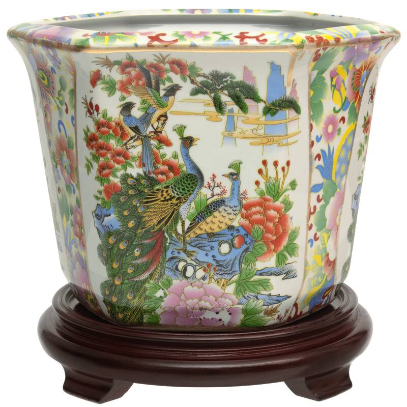 10" Satsuma Birds & Flowers Porcelain Flower Pot