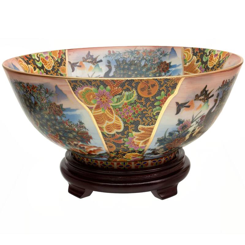 Handmade 14" Satsuma Peacock Porcelain Bowl