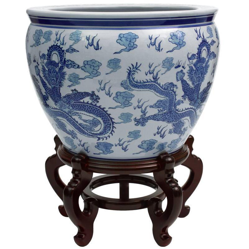 Handmade 16" Dragon Blue and White Porcelain Fishbowl