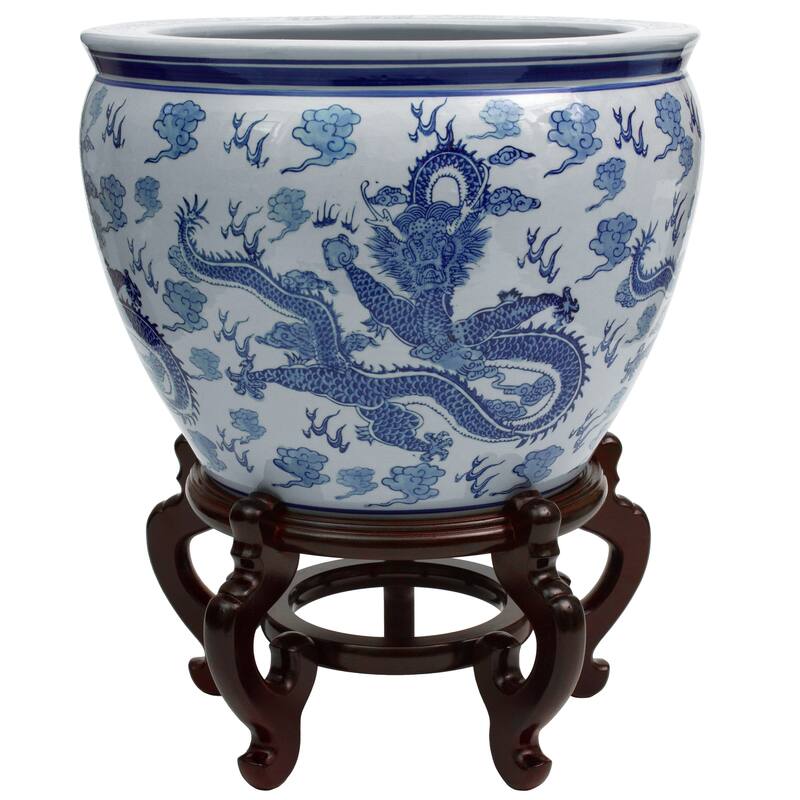 Handmade 16" Dragon Blue and White Porcelain Fishbowl