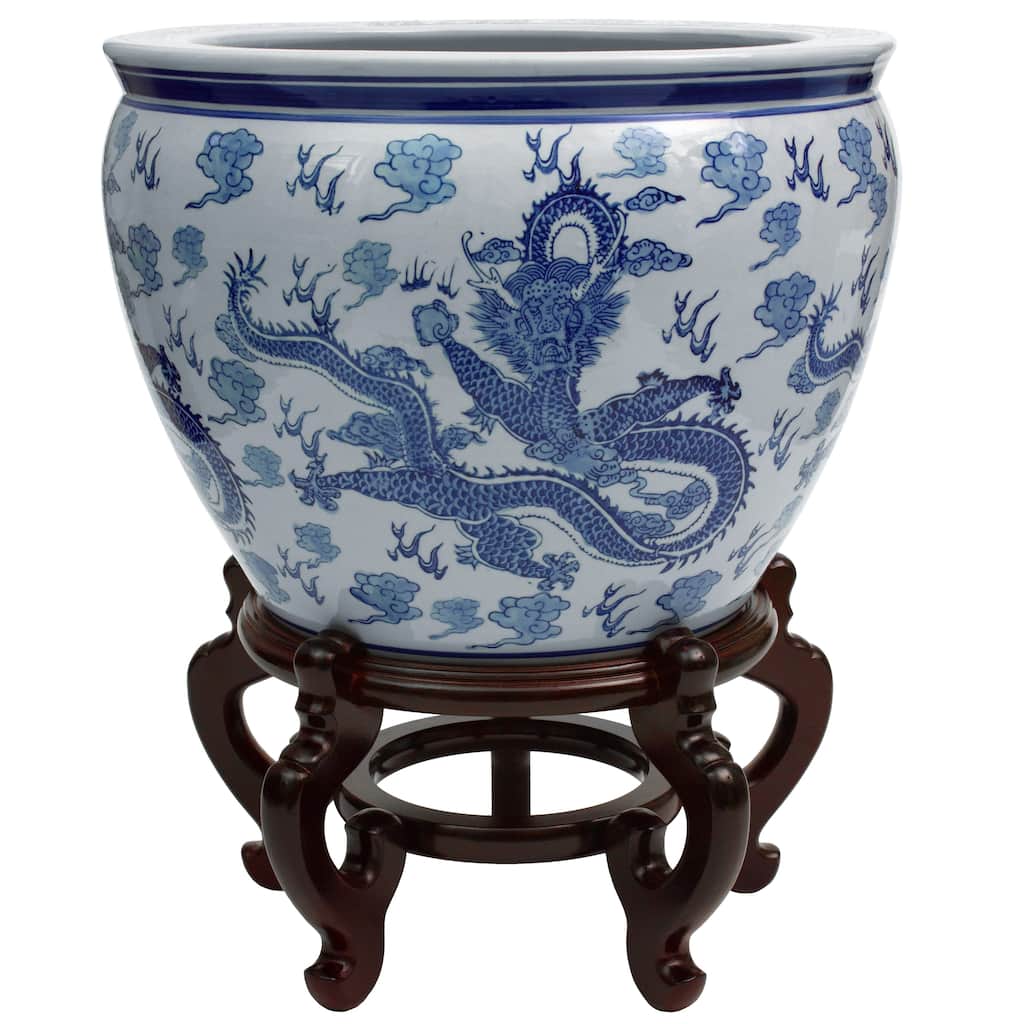 Handmade 16" Dragon Blue and White Porcelain Fishbowl