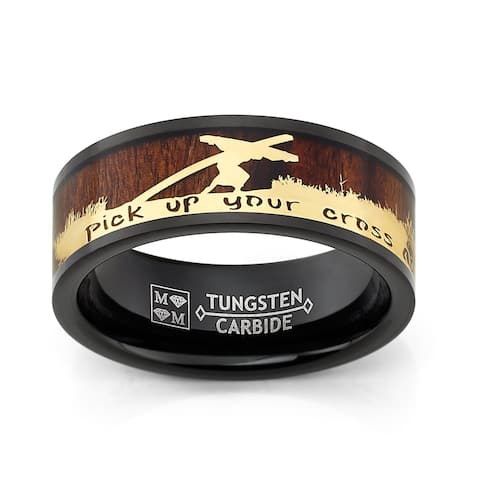 Oliveti Black Tungsten Carbide Band with Wood Inlay Jesus Carrying a Cross Religious Ring