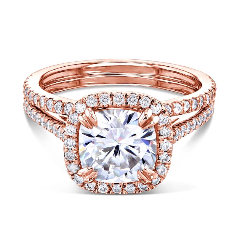 Annello by Kobelli 14k Gold 2 2/5ct Cushion Moissanite and Lab Grown Diamond Halo Bridal Set