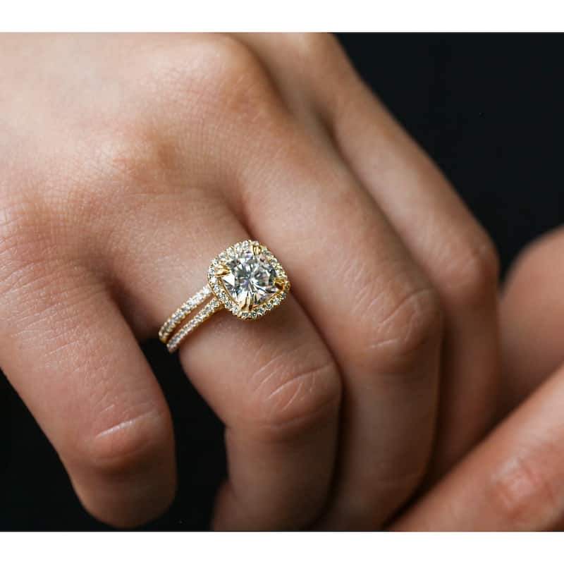 Annello by Kobelli 14k Gold 2 2/5ct Cushion Moissanite and Lab Grown Diamond Halo Bridal Set