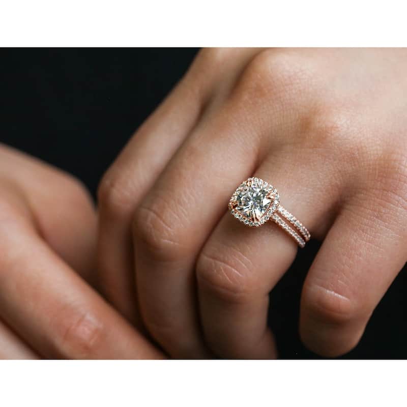 Annello by Kobelli 14k Gold 2 2/5ct Cushion Moissanite and Lab Grown Diamond Halo Bridal Set