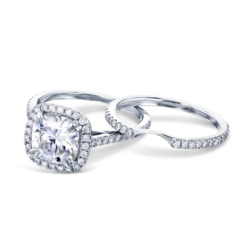 Annello by Kobelli 14k Gold 2 2/5ct Cushion Moissanite and Lab Grown Diamond Halo Bridal Set