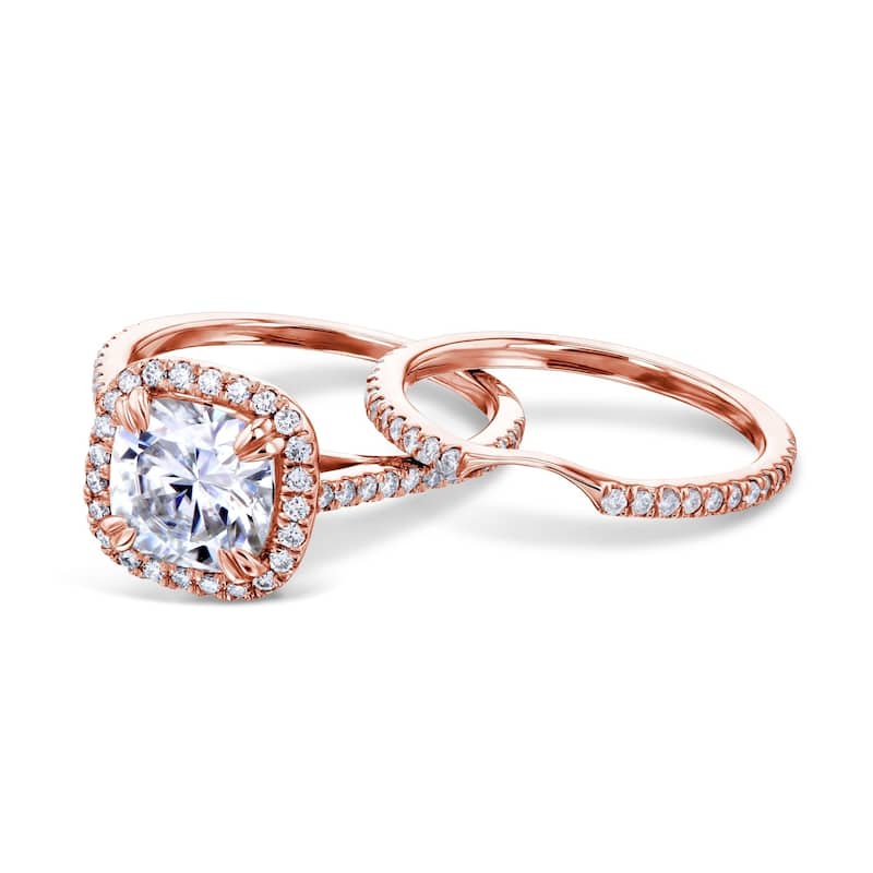 Annello by Kobelli 14k Gold 2 2/5ct Cushion Forever One Moissanite and Lab Grown Diamond Halo Bridal Set (DEF/VS)